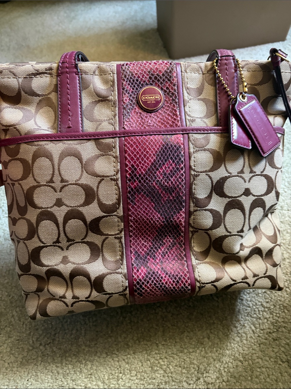 Coach Tan Signature Tote with Pink Snakeskin Accent
